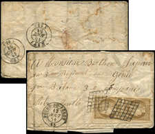 Let EMISSION DE 1849 - 1    10c. Bistre-jaune, PAIRE Obl. GRILLE S. LAC, Càd T15 BOURG-DU-PEAGE 12/8/51, Tarif MILITAIRE - 1849-1850 Ceres