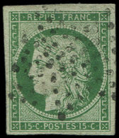 EMISSION DE 1849 - 2    15c. Vert, Obl. ETOILE, 2 Belles Marges, TTB, Certif. JF Brun - 1849-1850 Ceres