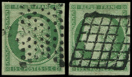 EMISSION DE 1849 - 2    15c. Vert, 2 Nuances Obl. GRILLE Et ETOILE, 1 Ex. Léger Pelurage, L'autre TB - 1849-1850 Cérès