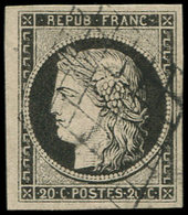 EMISSION DE 1849 - 3    20c. Noir Sur Jaune, Belles Marges, Obl. GRILLE, Frappe Légère, TTB - 1849-1850 Cérès