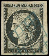 EMISSION DE 1849 - 3    20c. Noir Sur Jaune, Oblitéré GRILLE BLEUE, TTB. C - 1849-1850 Cérès