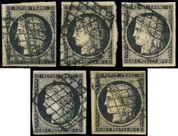 EMISSION DE 1849 - 3 Et 3a, 20c. Noir Sur Jaune Et Noir Sur Blanc, 5 Ex. Obl. GRILLE, TB - 1849-1850 Cérès