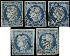 EMISSION DE 1849 - 4    25c. Bleu, 5 Ex. Obl. GRILLE Ou ETOILE, TB - 1849-1850 Ceres