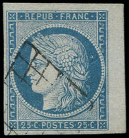 EMISSION DE 1849 - 4f   25c. Bleu Clair, Bdf, Obl. GRILLE Légère, TTB - 1849-1850 Ceres