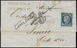 Let EMISSION DE 1849 - 4    25c. Bleu, Obl. GRILLE S. LAC, Càd T15 LYON 17/1/52, "timbre Insuffisant" Et Taxe 25 DT, TB - 1849-1850 Ceres