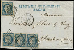 Let EMISSION DE 1849 - 4    25c. Bleu, 4 Ex. Obl. GRILLE S. LAC, Càd T15 SEDAN 25/9/50, QUADRUPLE Port, Superbe - 1849-1850 Cérès