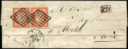 Let EMISSION DE 1849 - 5    40c. Orange, PAIRE Un Ex. Effl., Obl. GRILLE S. LAC, Càd PARIS 23/9/50 Pour MOUTIER SAVOIE,  - 1849-1850 Cérès