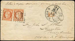 Let EMISSION DE 1849 - 5    40c. Orange, 2 Ex. Obl. GROS POINTS S. LAC, Càd PARIS 27/6/53, Passage NY 10/7 Pour LANCASTE - 1849-1850 Ceres