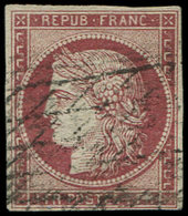 EMISSION DE 1849 - 6     1f. Carmin, Oblitéré GRILLE SANS FIN, Pli, Aspect TB - 1849-1850 Ceres