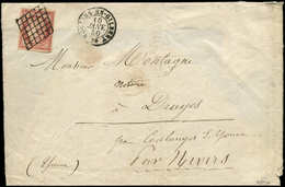 Let EMISSION DE 1849 - 6     1f. Carmin, Obl. GRILLE S. Env. Verso Incomplet, Càd T15 MOULINS-EN-GILBERT 10/1/50, TB. J - 1849-1850 Cérès
