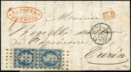 Let PRESIDENCE - 10   25c. Bleu, PAIRE Obl. GROS POINTS S. LAC, Càd Paris 14/6/53, Arr. TORINO 16/6, Superbe - 1852 Louis-Napoléon