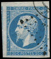 EMPIRE NON DENTELE - 14A  20c. Bleu, T I, Variété Dite "SANS MOUSTACHE", Obl., Grandes Marges, RR Et TTB - 1853-1860 Napoleone III