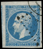 EMPIRE NON DENTELE - 14A  20c. Bleu, T I, Variété Dite "SANS MOUSTACHE", Obl., Grandes Marges, RR Et TTB - 1853-1860 Napoleon III