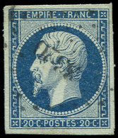 EMPIRE NON DENTELE - 14Ad 20c. Bleu Foncé Sur VERT, T I, Obl. PC, TTB. Br - 1853-1860 Napoléon III.