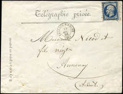 Let EMPIRE NON DENTELE - 14A  20c. Bleu Obl. PC 3474 S. TELEGRAPHIE PRIVEE, Càd T15 VALENCE-S-RHONE 15/8/56, R Et TB - 1853-1860 Napoleon III