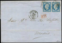 Let EMPIRE NON DENTELE - 14A  20c. Bleu, PAIRE Obl. GRILLE S. LSC, Càd T15 BAYONNE 26/2/60, Arr. MADRID 29/2, RR En Pair - 1853-1860 Napoleone III