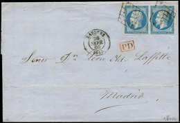 Let EMPIRE NON DENTELE - 14A  20c. Bleu, PAIRE Obl. GRILLE S. LSC, Càd T15 BAYONNE 26/2/60, Arr. MADRID 29/2, RR En Pair - 1853-1860 Napoléon III.