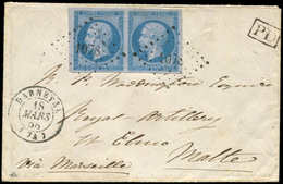 Let EMPIRE NON DENTELE - 14Ae 20c. Bleu Sur LILAS, PAIRE Obl. PC 1078 S. Env., Càd T15 DARNETAL 18/3/58, Arr. MALTA 24/3 - 1853-1860 Napoleone III