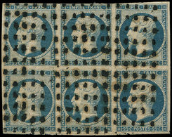 EMPIRE NON DENTELE - 15   25c. Bleu, BLOC De 6 Obl. GROS POINTS, Aminci Mais Très Plaisant D'aspect Et R - 1853-1860 Napoleone III