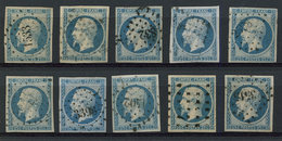 EMPIRE NON DENTELE - 15   25c. Bleu, 10 Ex. Obl., états Divers Mais Aspect TB - 1853-1860 Napoleon III