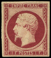 * EMPIRE NON DENTELE - 18a   1f. Carmin Foncé, Très Jolie Nuance Et Grande Fraîcheur, TB, Certif. Scheller - 1853-1860 Napoléon III