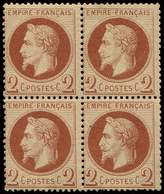 ** EMPIRE LAURE - 26B   2c. Rouge-brun Clair, T II, BLOC De 4, Une Dent Un Peu Réduite, TB - 1863-1870 Napoleon III With Laurels