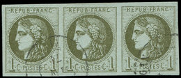 EMISSION DE BORDEAUX - 39C   1c. Olive, R III, BANDE De 3 Obl. Càd, Frappe Légère, Belles Marges, TTB/Superbe - 1870 Bordeaux Printing