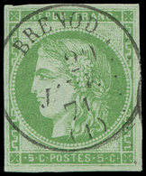EMISSION DE BORDEAUX - 42A   5c. Vert-jaune, R I, Obl. Càd T16 BRENOD 20/1/71, Frappe Légère, TTB, Certif. Calves - 1870 Bordeaux Printing