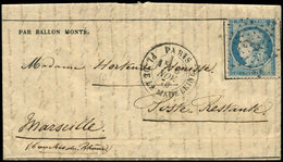 Let BALLONS MONTES - N°37 Obl. Etoile 3 S. Gazette N°5, Càd Pl. De La Madeleine 6/11/70, Pour MARSEILLE, TB. LA GIRONDE - Guerre De 1870