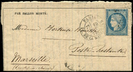 Let BALLONS MONTES - N°37 Obl. Etoile 3 S. Gazette N°9, Càd Pl. De La Madeleine 19/11/70, Arr. MARSEILLE 22/11, TB. L'AR - Guerra Del 1870