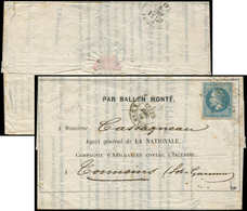 Let BALLONS MONTES - N°29B Obl. Etoile 8 S. Circulaire LA NATIONALE, Càd R. D'Antin 28/12/70, Arr. TONNEINS 31/12, RR Et - Guerre De 1870