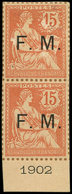 (*) FRANCHISE MILITAIRE - 2    15c. Vermillon, PAIRE Tirage Sur Bristol, DENTELURE FIGUREE, Bdf 1902, TB - Timbres De Franchise Militaire