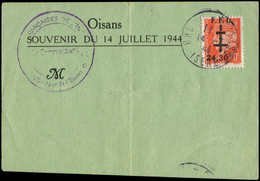 Let TIMBRES DE LIBERATION - BOURG D'OISANS 2 : 70c. + 24,30 Orange Obl. 14/7/44 Sur Carte Souvenir Pliée, TB - Libération