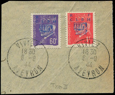 TIMBRES DE LIBERATION - DECAZEVILLE 2 Et 4 : 60c. Violet Et 1f. Rouge T II, Obl. Càd VIVIEZ 6/9/44 Sur Fragt, TB - Libération