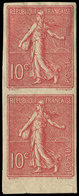 * VARIETES - 129d  Semeuse Lignée, 10c. Rose, NON DENTELE Accidentel, PAIRE Verticale, Petit Bdf, TB. J - Neufs