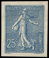 (*) VARIETES - 132   Semeuse Lignée, 25c., Essai En Bleu, Légende ALEXANDRIE Et POSTE FRANCAISE, RR, TB - Neufs