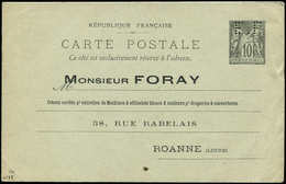 Let ENTIERS POSTAUX - Sage, 10c. Noir, CP N°G10b, Date 652, Repiquage Monsieur FORAY, Roanne, Perforé E.F - Andere & Zonder Classificatie