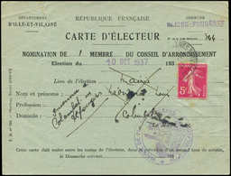 Let LETTRES DU XXe SIECLE - N°278B Obl. ( )/10/37 S. Carte D'Electeur, TB - Lettres & Documents