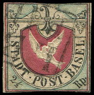 SUISSE 8 : 2 1/2Rp. Noir, Rouge Et Bleu, Colombe De Bâle, Obl., Touché Mais Plaisant. C - 1843-1852 Federal & Cantonal Stamps