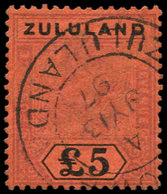 ZOULOULAND 23 : 5£. Violet Et Noir Sur Rouge, Oblitéré, TB - Zululand (1888-1902)