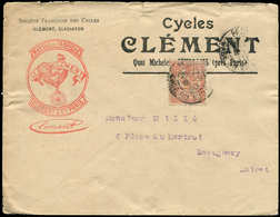 Let France N°125 15c. Vermillon Perforé Coq Obl. Sur Env. Illustrée Cycles Clément, R Et TB - Galline & Gallinaceo