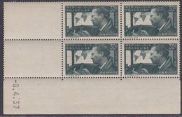 France N° 337 XX Jean Mermoz : 30 C. Vert-gris En Bloc De 4 Coin Daté Du 8 . 4 . 37 ; Sans Charnière, TB - 1930-1939