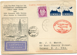 NORVEGE CARTE POSTALE PAR AVION 1er VOL STOCKHOLM......NEW YORK DEPART ALESUND 13-9-46 POUR LES ETATS-UNIS - Covers & Documents