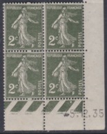 France N° 278 XX Type Semeuse : 2 C. Vert Foncé En Bloc De 4 Coin Daté Du 5 . 12 . 35 ; 1 Pt Blanc,  Sans Charnière,TB - 1930-1939