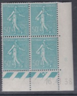 France N° 362 XX Type Semeuse Lignée 50 C. Turquoise En Bloc De 4 Coin Daté Du 16 . 11 . 38 3 Pts Blancs Sans Cha. TB - 1930-1939