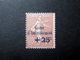 FRANCE 1928 N°250 * (CAISSE D'AMORTISSEMENT 2ÈME SÉRIE. SEMEUSE LIGNÉE. +25C SUR 50C ROUGE-BRUN) - 1927-31 Caisse D'Amortissement