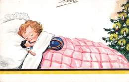 Illustration Illustrateur John Wills Fille Fillette Dans Lit Avec Poupée Et Ballon - Wills, John