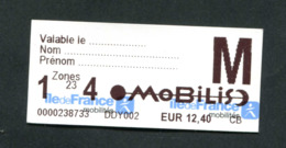 Ticket De Train / Métro / Tramways / Bus - SNCF / RATP (Mobilis 1 à 4 Zones) Paris - Train - Europe