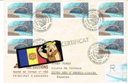 ANDORRE ENVELOPPE CIRC. 1990 AVEC 8 TIMBRES Y 385 - Cartas & Documentos