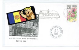 ANDORRE ENVELOPPE OBLITERRÉ  DERNIERE JOUR DE LA POSTE ANCIENNE 9-7-1990 - Briefe U. Dokumente